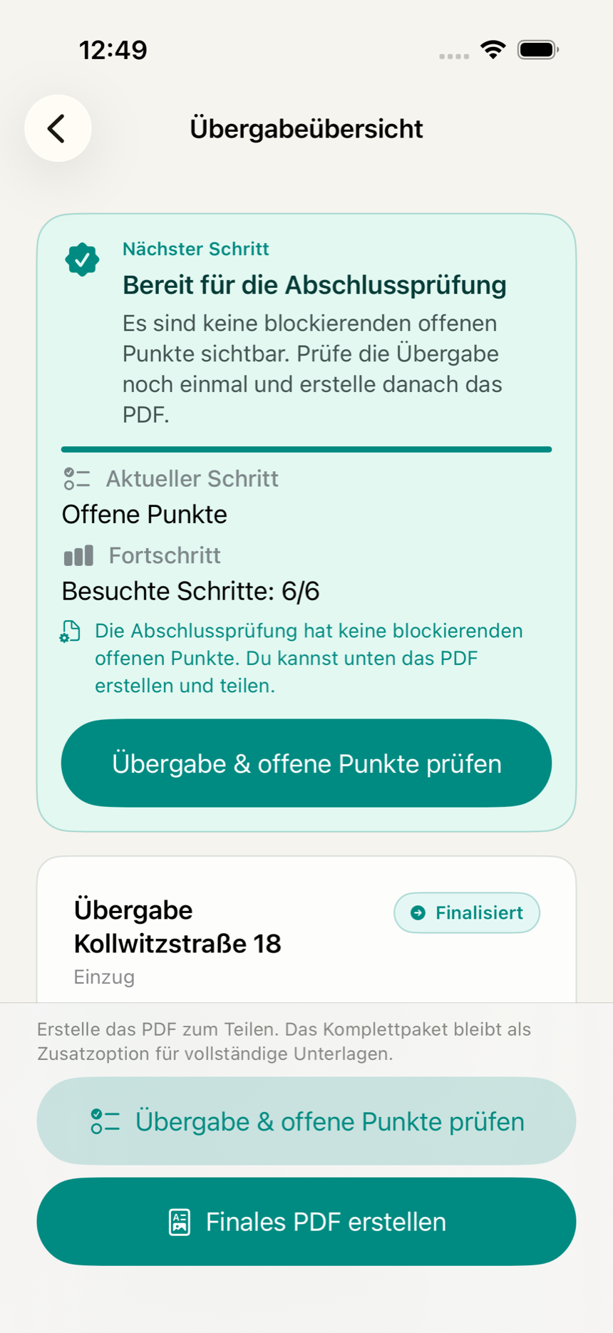 Übergabe-Übersicht in der KeyClear App mit Abschlussstatus, Fortschritt und offenen Punkten