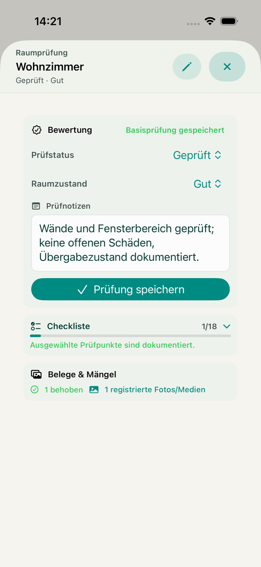 Geführte Raumprüfung in der KeyClear App mit Prüfstatus, Checkliste und dokumentierten Mängeln