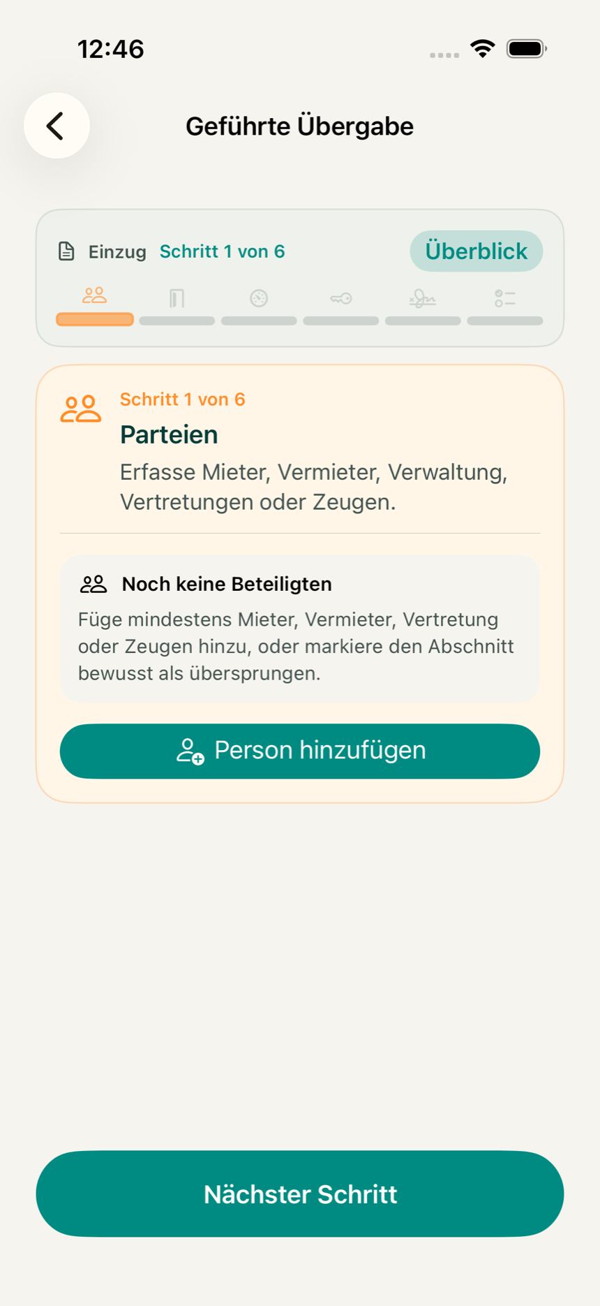 Startansicht des geführten Ablaufs in der KeyClear App mit Schritten von Einzug bis Abschluss
