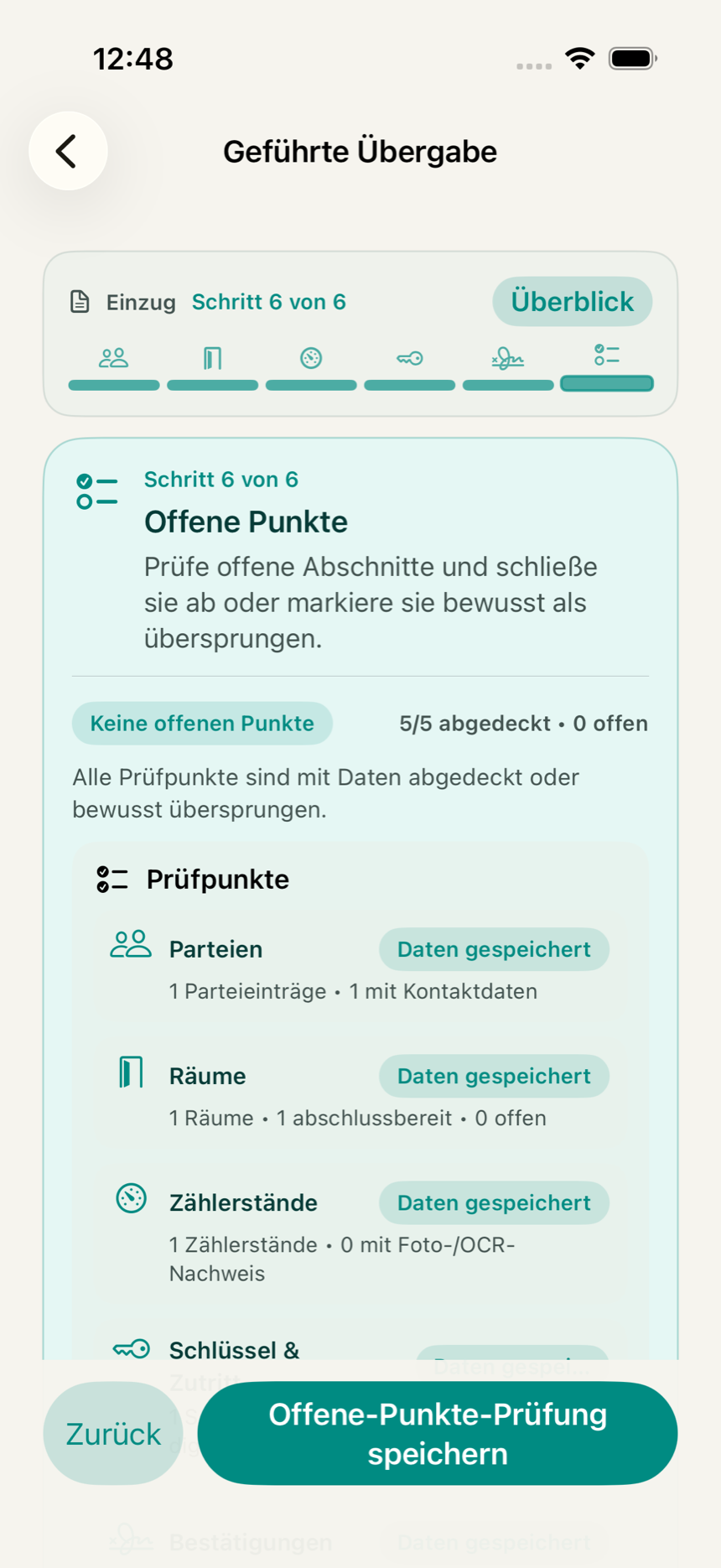 Abschlussprüfung in der KeyClear App mit Warnungen, Blockern und fehlenden Angaben vor dem Export