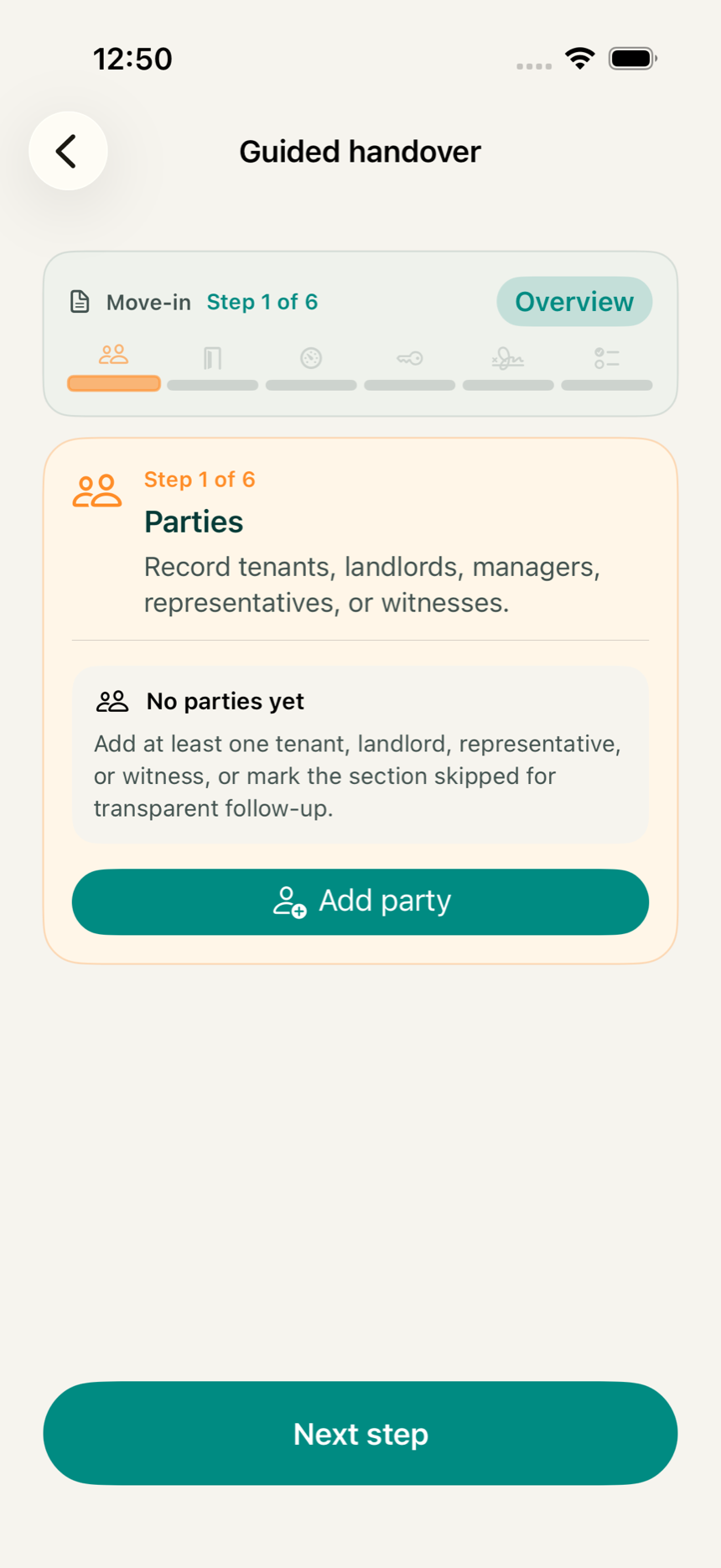 Home view of the guided flow in the KeyClear app with steps from move-in to completion
