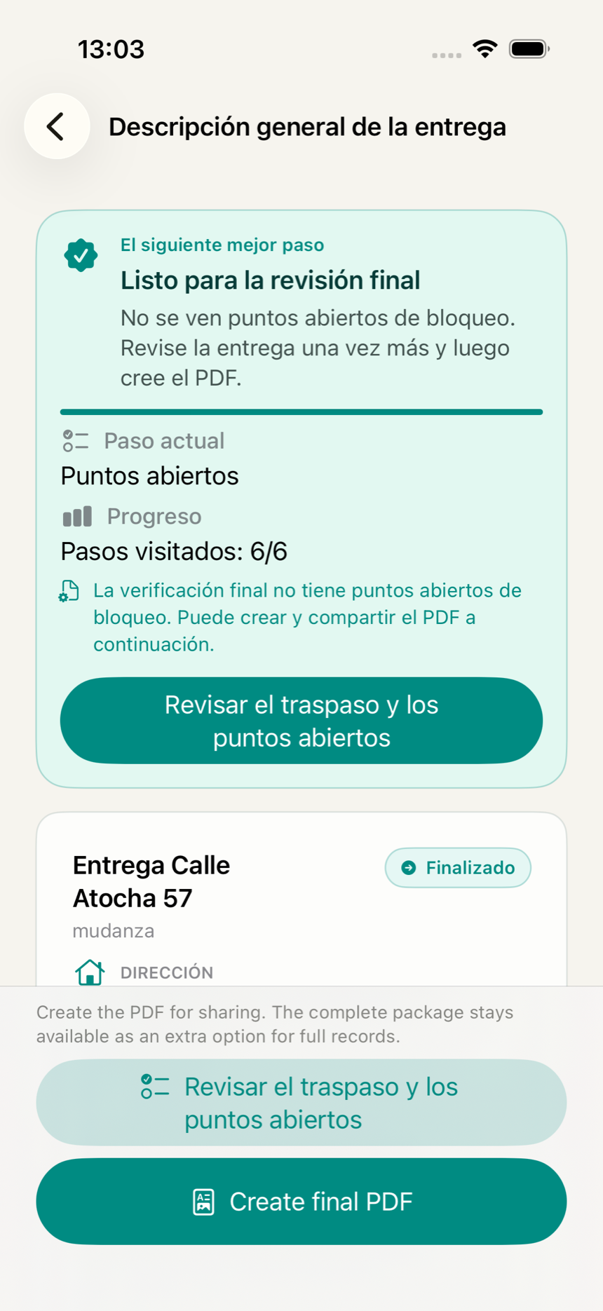 Resumen de una entrega en la app KeyClear con estado de la revisión final, progreso y puntos abiertos