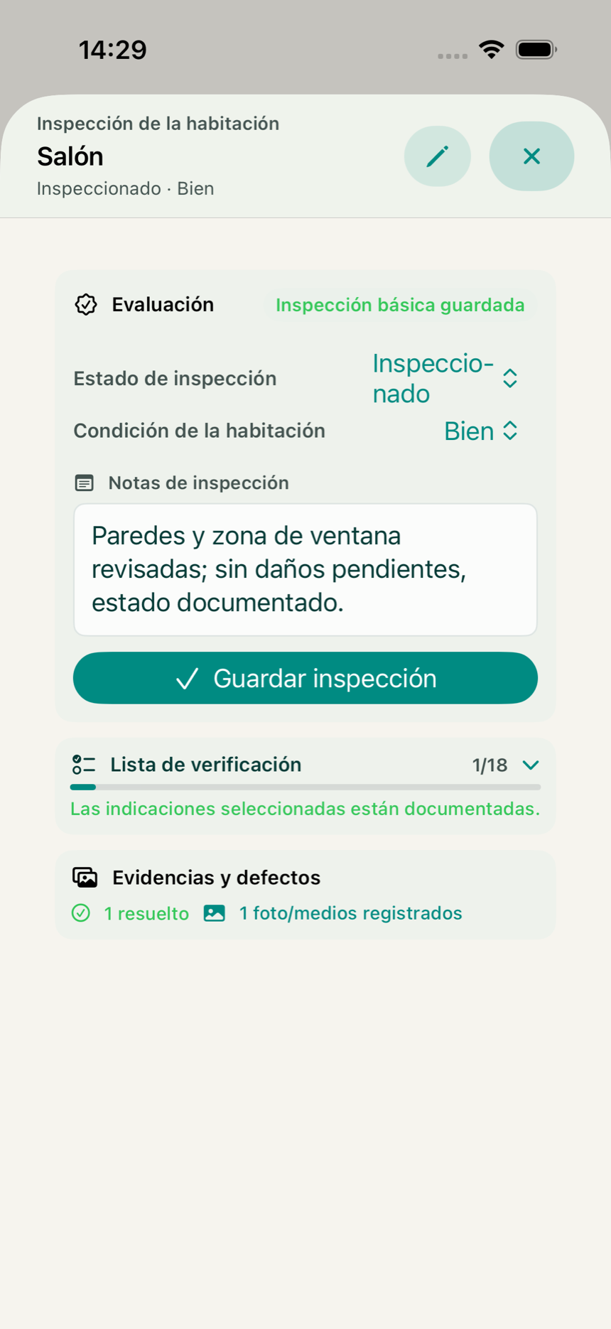 Inspección guiada de una habitación en la app KeyClear con estado, lista de verificación y defectos documentados