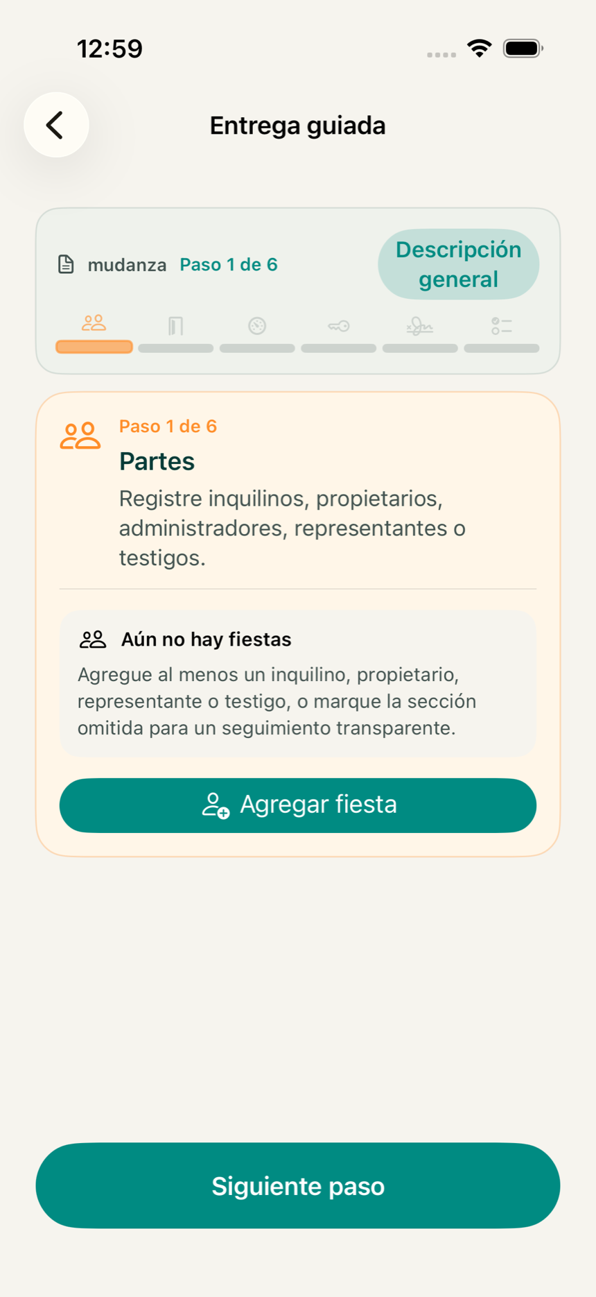 Pantalla de inicio del flujo guiado en la app KeyClear con los pasos desde la entrada hasta el cierre