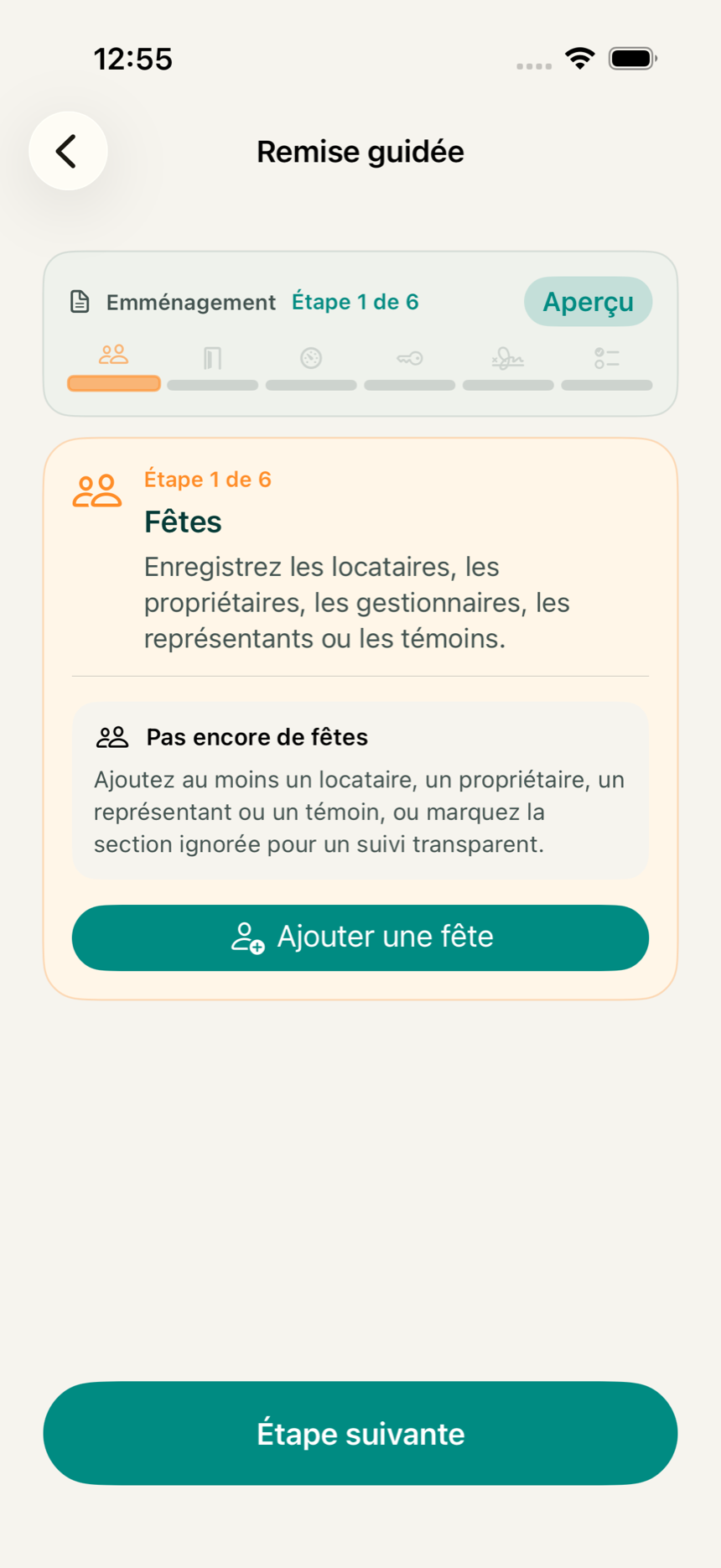 Écran d'accueil du parcours guidé dans l'app KeyClear avec les étapes, de l'entrée à la clôture