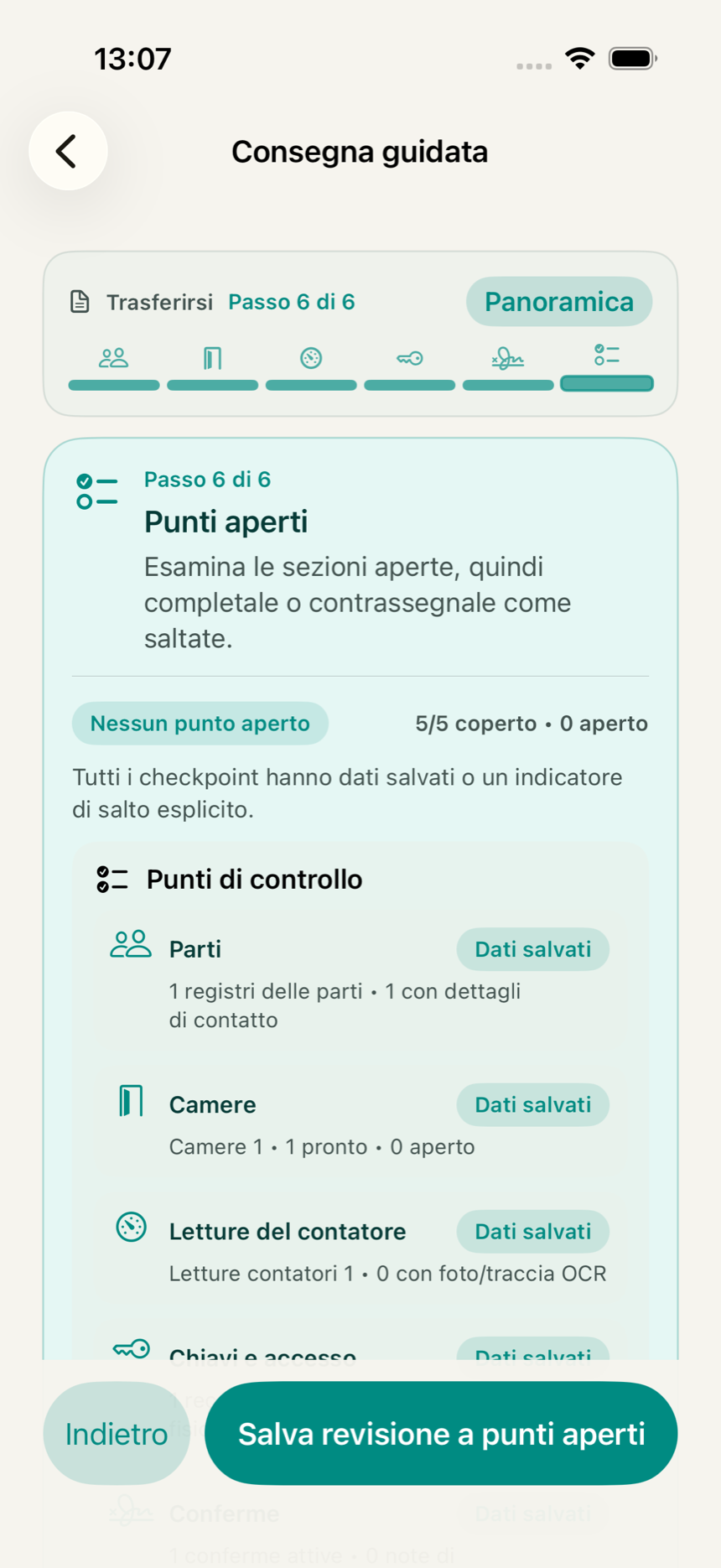 Controllo finale nell'app KeyClear con avvisi, blocchi e informazioni mancanti prima dell'esportazione