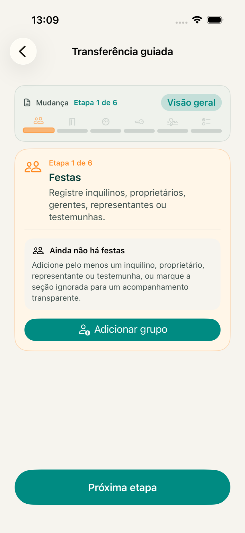 Tela inicial do fluxo guiado no app KeyClear com as etapas da entrada até a conclusão